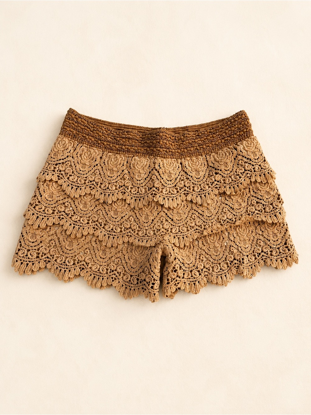 Pink Martini Lace Crochet Shorts Size S Boho Festival Tan